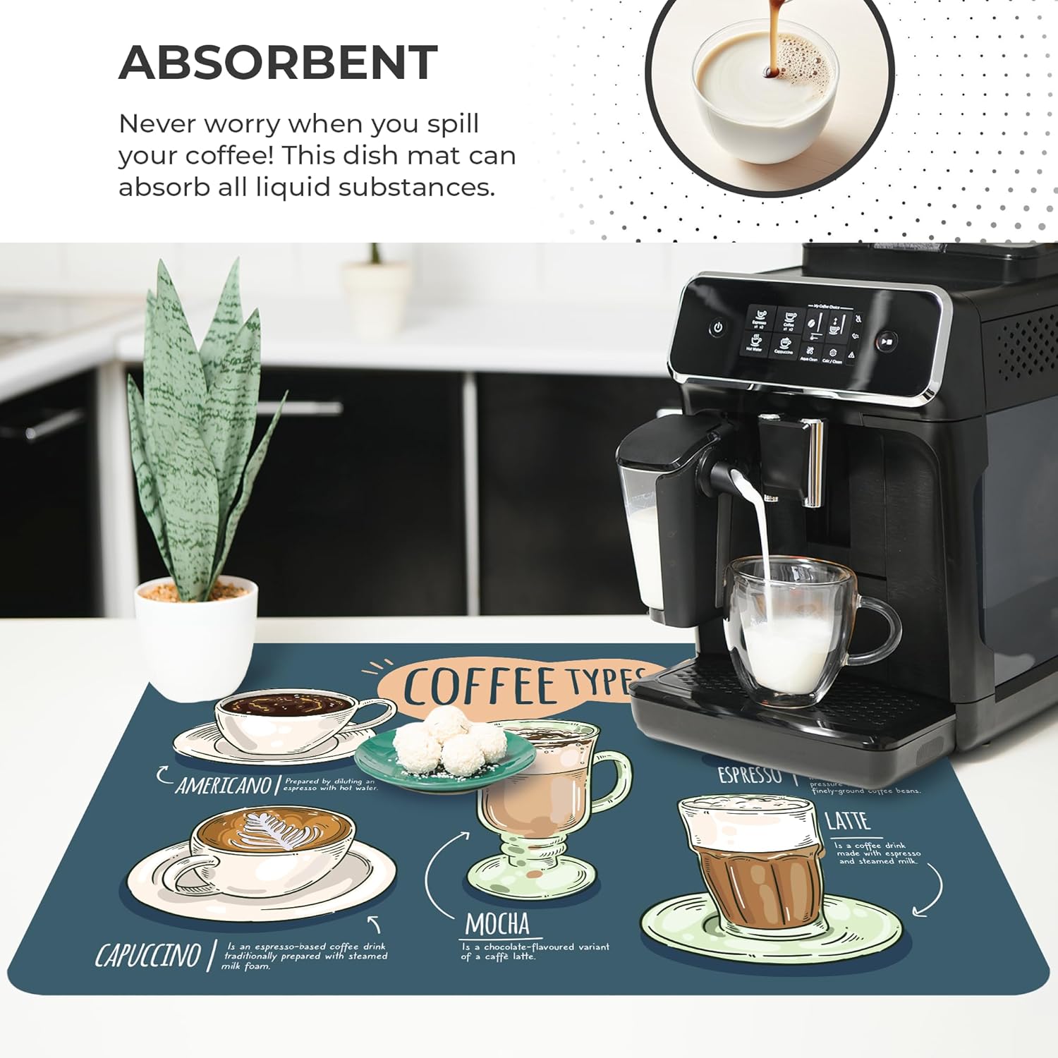 Dish Drying Mat Super Absorbent – Coffee Mat for Countertops – Non-Slip Drying Mat for Kitchen Counter – Easy to Clean Water Absorbent Mat – Large Dish Drying Mats - Strabella