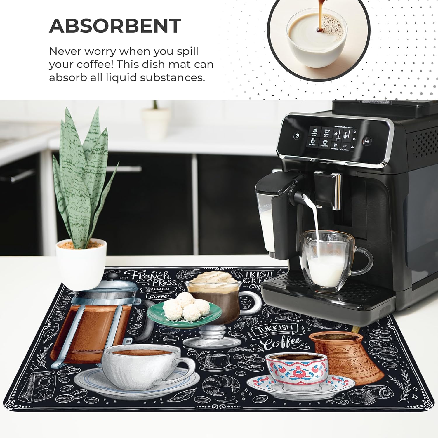 Dish Drying Mat Super Absorbent – Coffee Mat for Countertops – Non-Slip Drying Mat for Kitchen Counter – Easy to Clean Water Absorbent Mat – Large Dish Drying Mats - Strabella