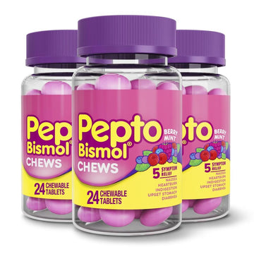 Pepto Bismol Chews, Fast and Effective Digestive Relief from Nausea, Heartburn, Indigestion, Upset Stomach, Diarrhea, 24 Chewable Tablets - Strabella