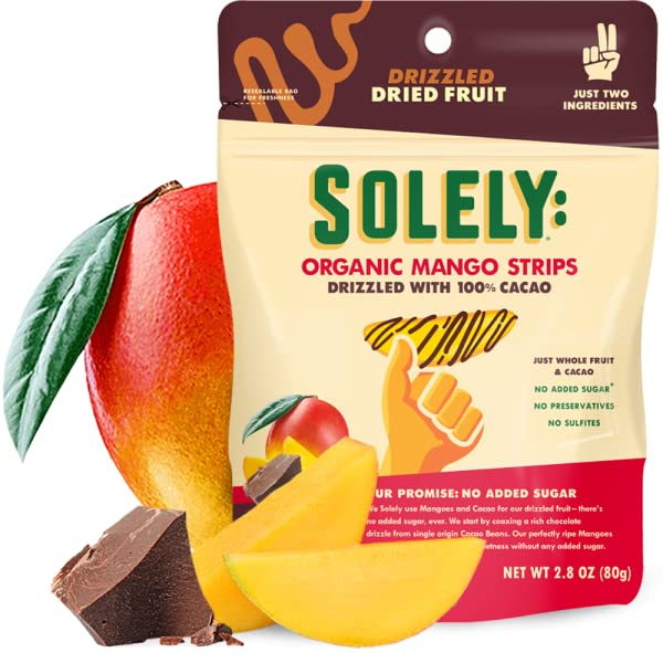 Solely Dried Organic Mango Strips Drizzled with 100% Cacao, 2.8oz - 8 Bags - Strabella