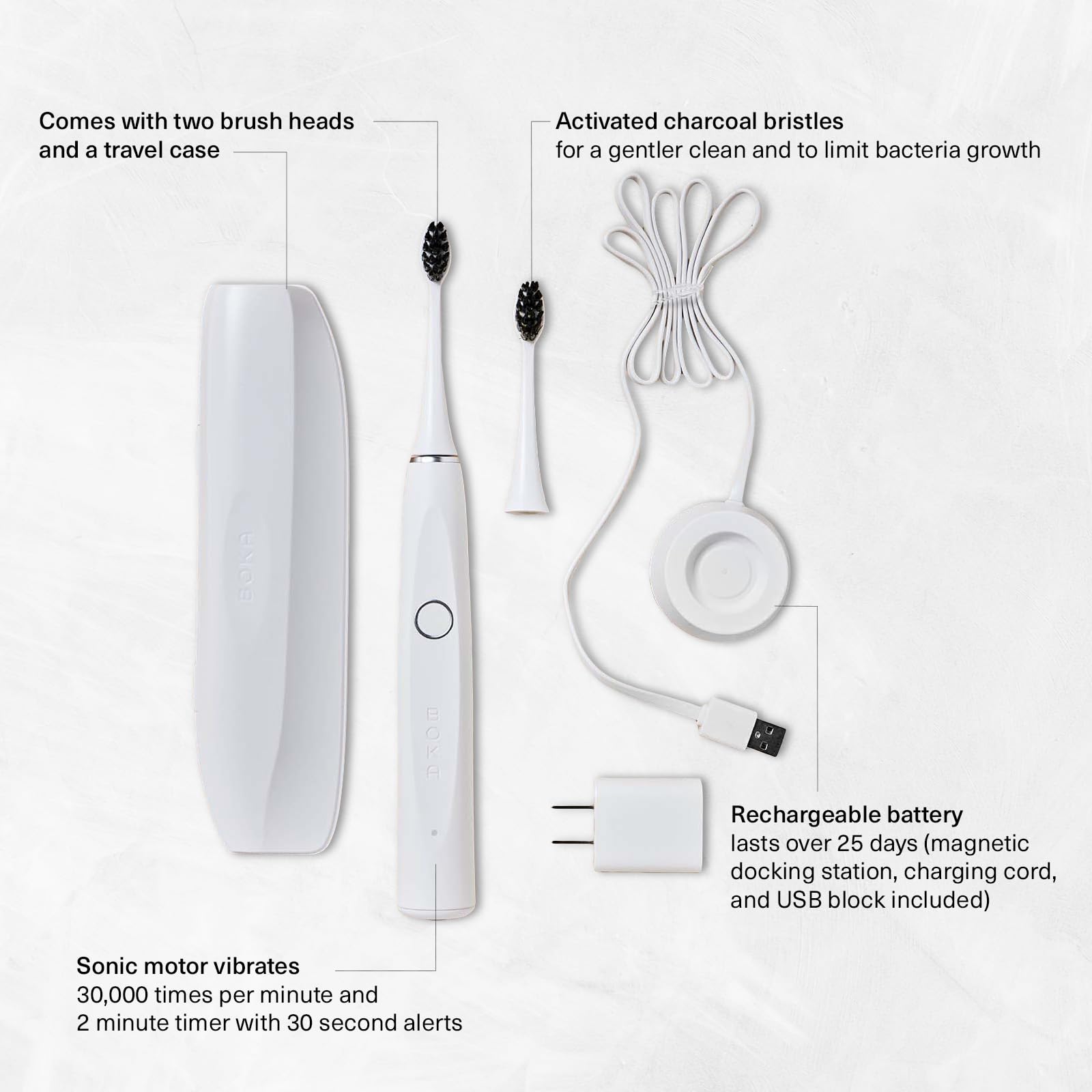 Rechargeable Boka Sonic Electric Toothbrush for Adults – Includes 2 Replacement Heads, Charcoal-Activated Bristles for Deep Cleaning, Dentist-Recommended Oral Care, Charging Base with Micro USB - Strabella