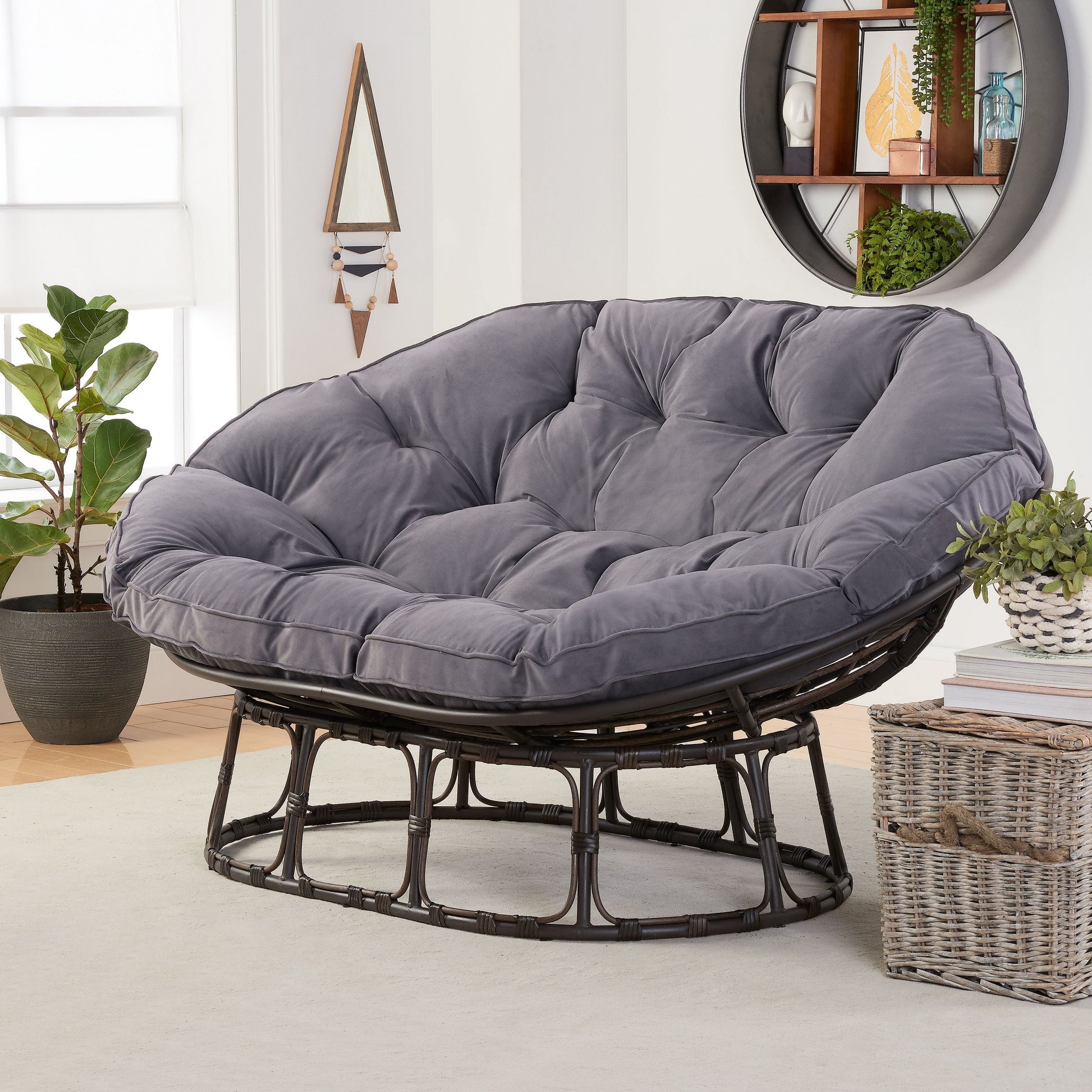 Double Papasan Accent Chair, Grey Linen