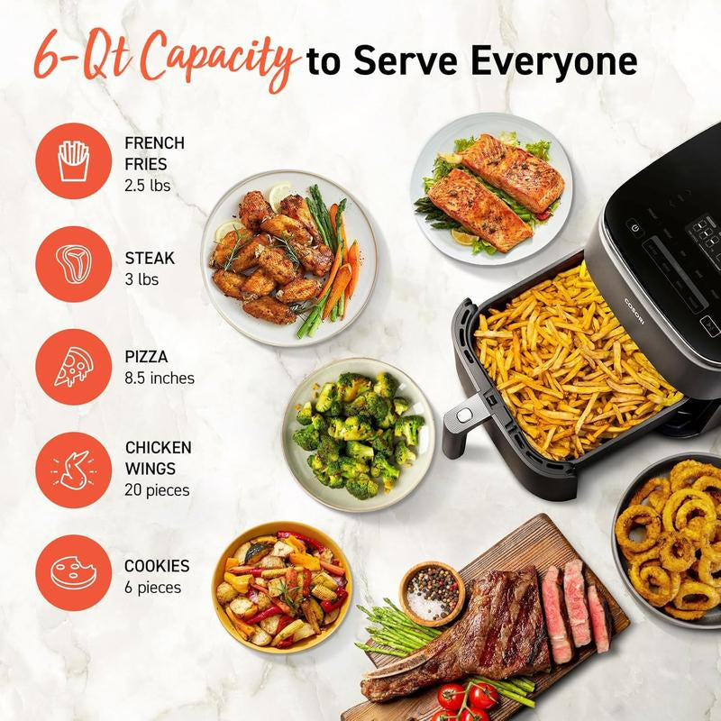 COSORI Air Fryer Turboblaze 6-Qt Compact, 9 Functions, 5 Speeds, Healthy Ceramic Coating, Nontoxic, 95% Less Oil, Fast & Crispy Cooking, Easy to Clean, Recipes