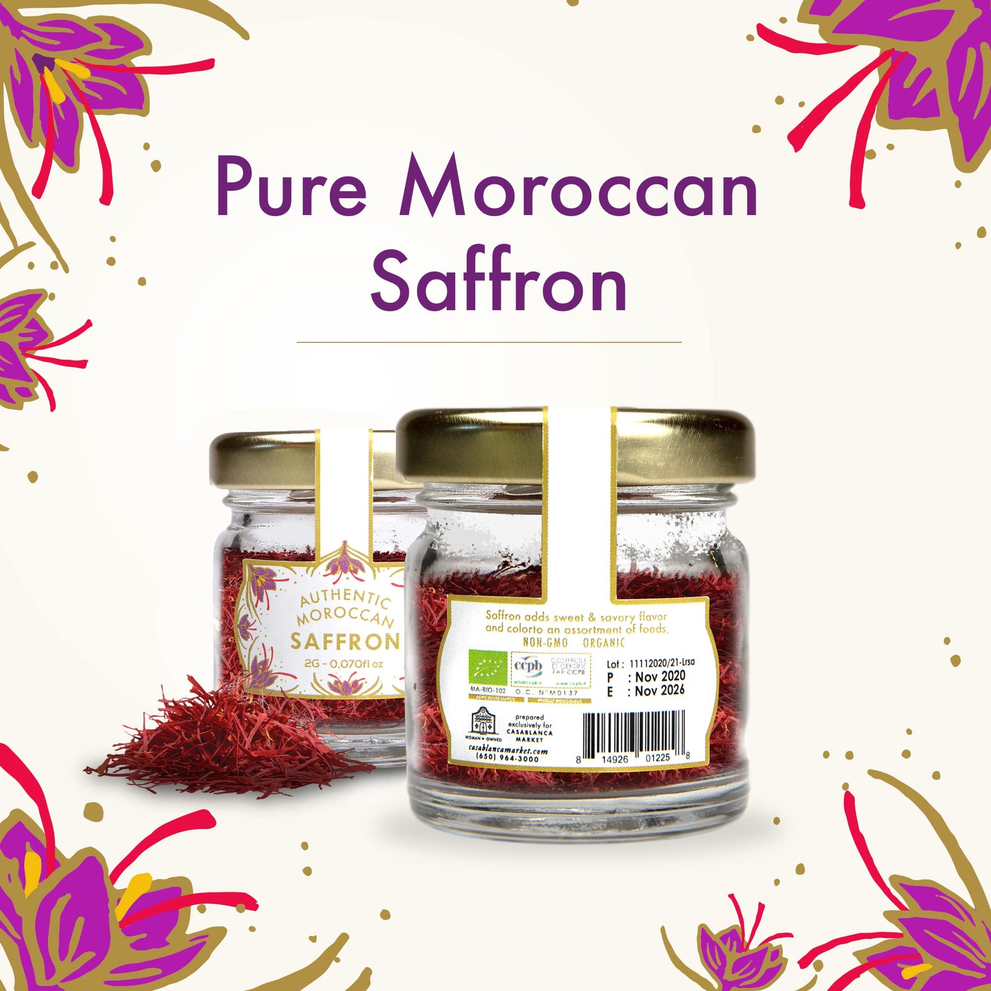 Casablanca Market Pure Organic Moroccan Saffron - Saffron Threads for Cooking from Pure Saffron Bulbs - Fresh Saffron Spice from Saffron Crocus Bulbs - Organic Saffron Straight from Morocco (2g) - Strabella