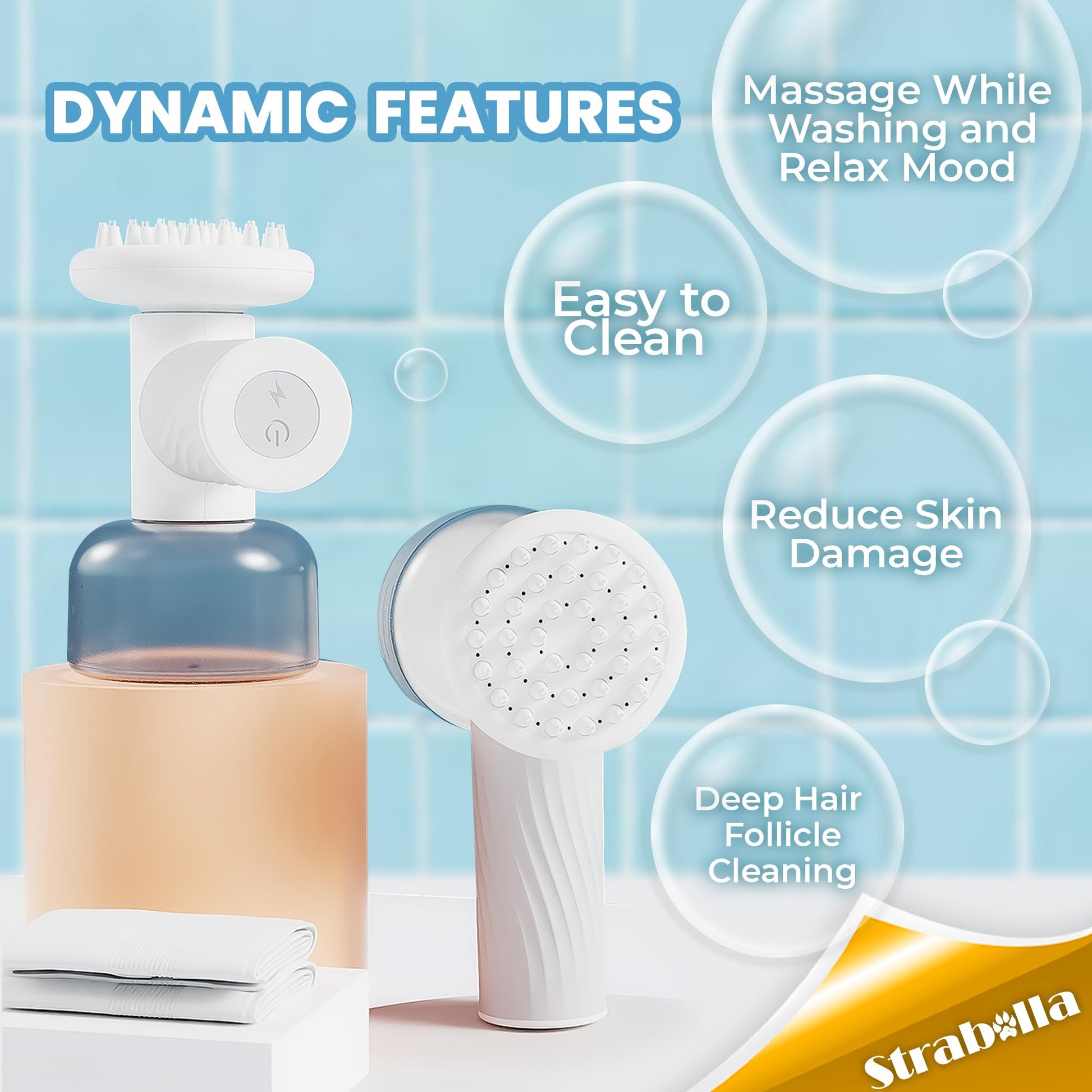 Dog Bath Brush with Soap Dispenser - Cordless Pet Bath Brush Scrubber - Massage Grooming Brush for Dogs - Dog Brush for Shedding Massaging Grooming - Strabella