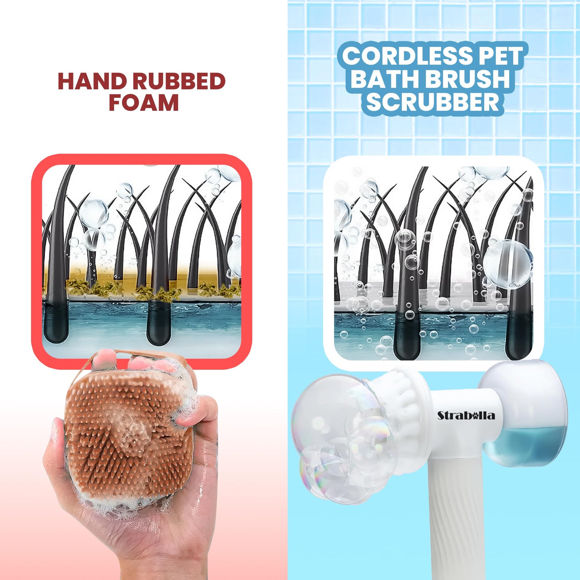 Dog Bath Brush with Soap Dispenser - Cordless Pet Bath Brush Scrubber - Massage Grooming Brush for Dogs - Dog Brush for Shedding Massaging Grooming - Strabella