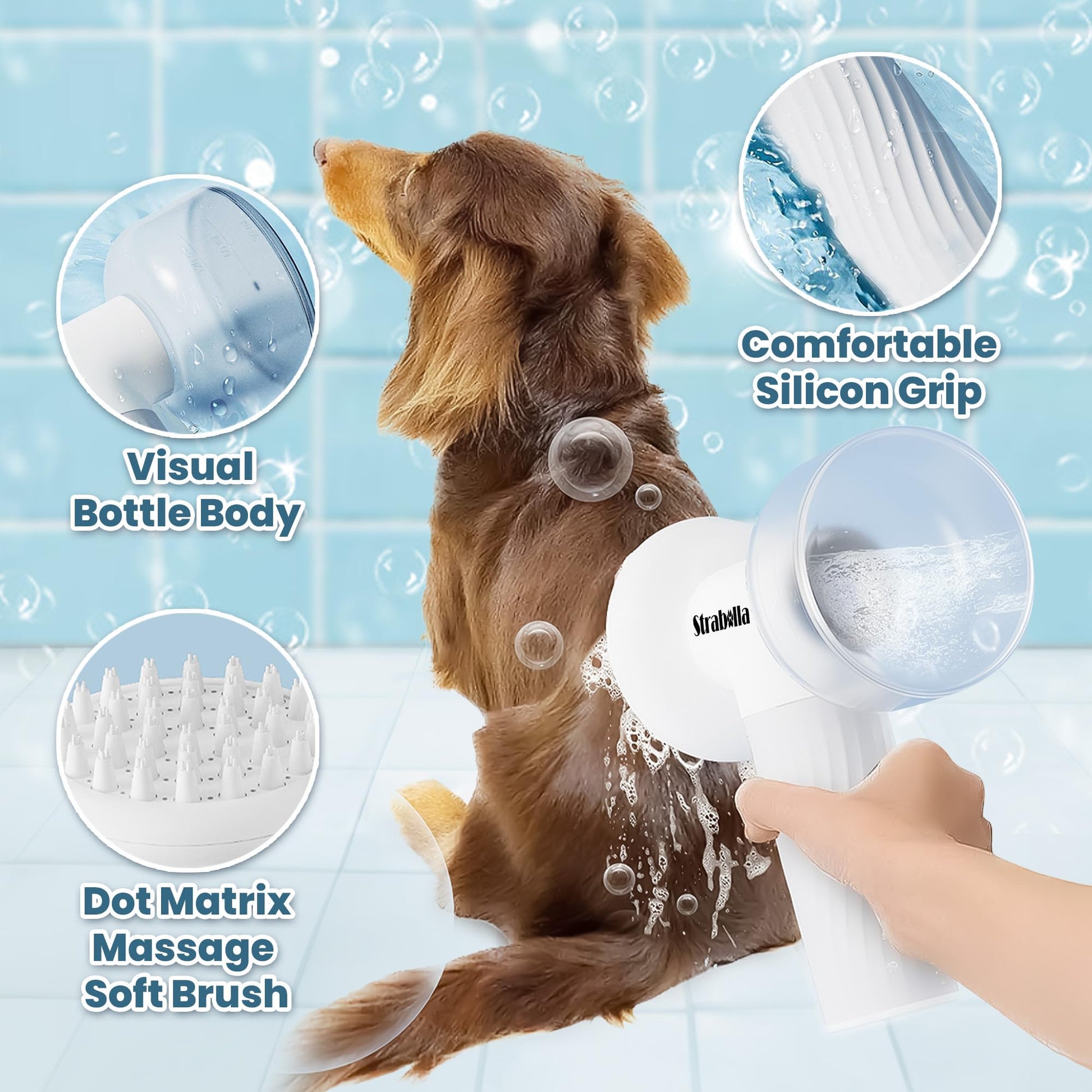 Dog Bath Brush with Soap Dispenser - Cordless Pet Bath Brush Scrubber - Massage Grooming Brush for Dogs - Dog Brush for Shedding Massaging Grooming - Strabella