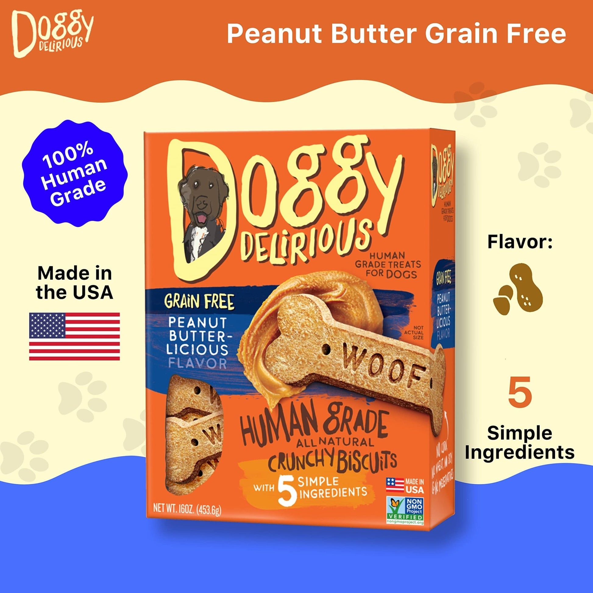 Doggy Delirious Crunchy Dog Treats – All - Natural, Grain - Free Peanut Butter Dog Snacks – 100% Human - Grade, Suitable for All Sizes and Breeds, 16oz - Strabella
