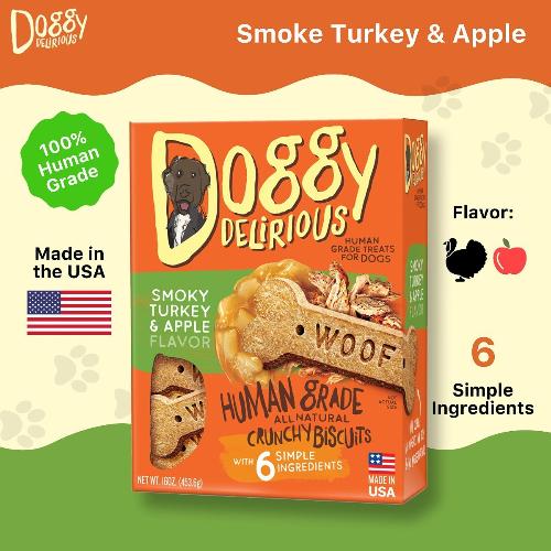Doggy Delirious Crunchy Dog Treats – for All Pet Sizes, Breeds – All - Natural Puppy Treat – 100% Human - Grade – Delicious Pet Treat Bones, Snacks for Dogs – Smoky Turkey and Apple, 16 Oz. - Strabella
