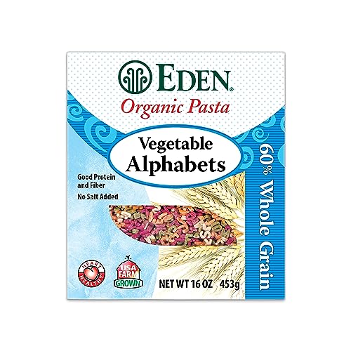 Eden Organic Vegetable Alphabets Pasta, 60% Whole Grain Durum Flour, 40% golden amber durum wheat semolina, 16 oz Box - Strabella