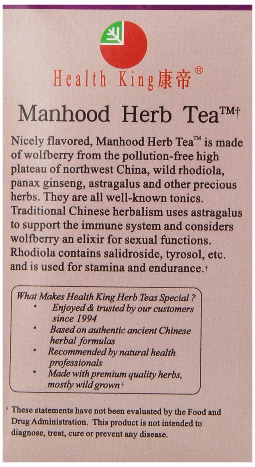 Health King Manhood Herb Tea, Teabags, 20 Count Box - Strabella