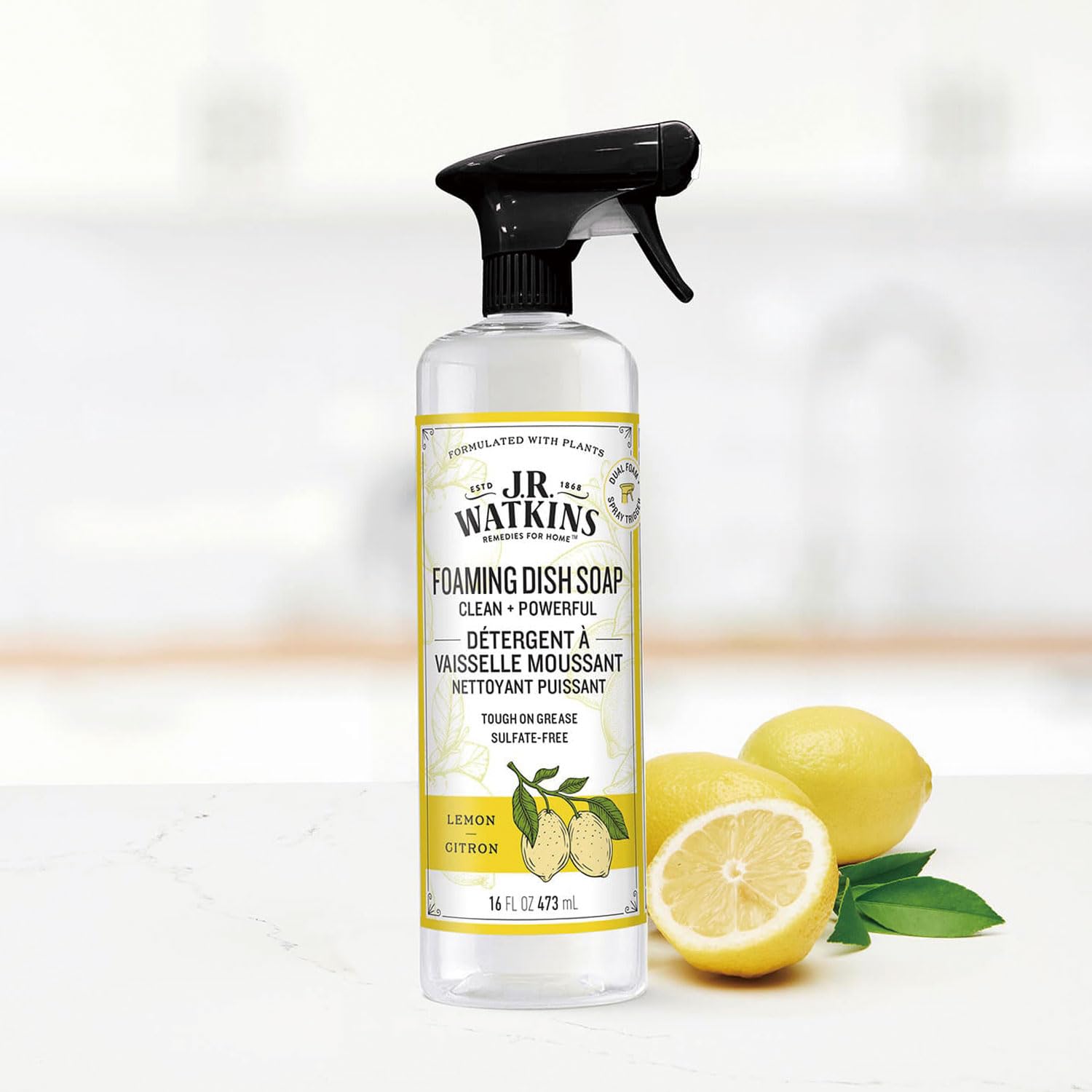J. R Watkins Trigger Spray Foaming Dish Soap - Lemon - 16oz, (Pack of 1) - Strabella
