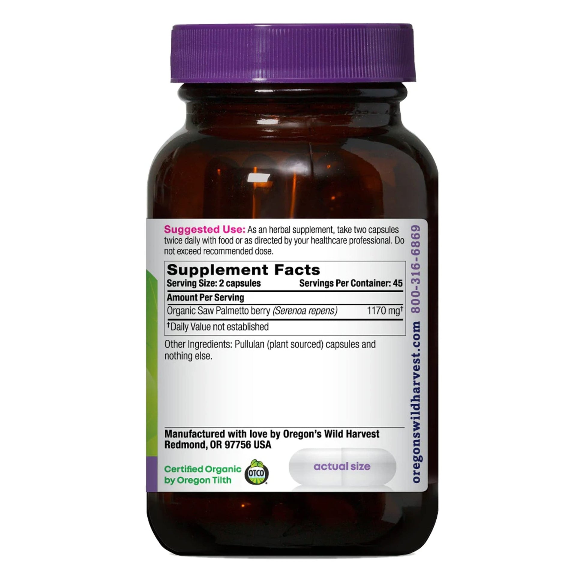 Oregon's Wild Harvest Saw Palmetto Organic Capsules, 90 Count vegetarian capsules, 1170mg - Strabella