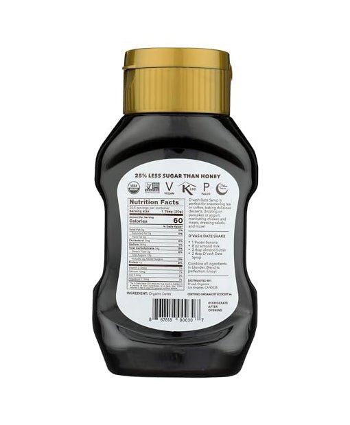 Organic Date Syrup 1 ingredient 100% Dates | D'Vash Organics | 16.6 oz Squeeze Bottle | California Dates, Non - GMO, Vegan, No Added Sugar, Sugar Substitute, Gluten Free and Kosher | - Strabella