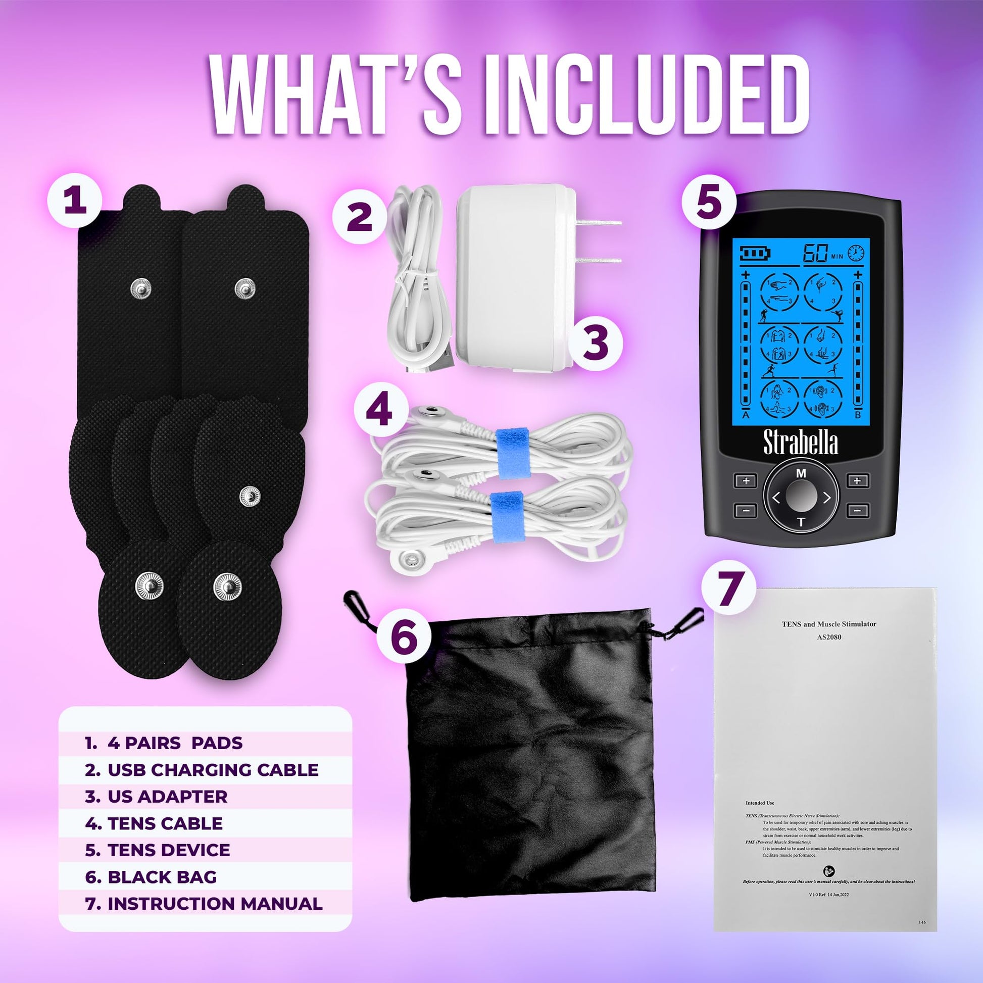 Strabella 24 Modes Tens Muscle Stimulator for Back Pain Relief, Muscle Stimulator for Pain Relief Therapy, Electronic Pulse Massager Muscle Massager with 4 Pairs Pads, Nerve Pain Relief - Strabella
