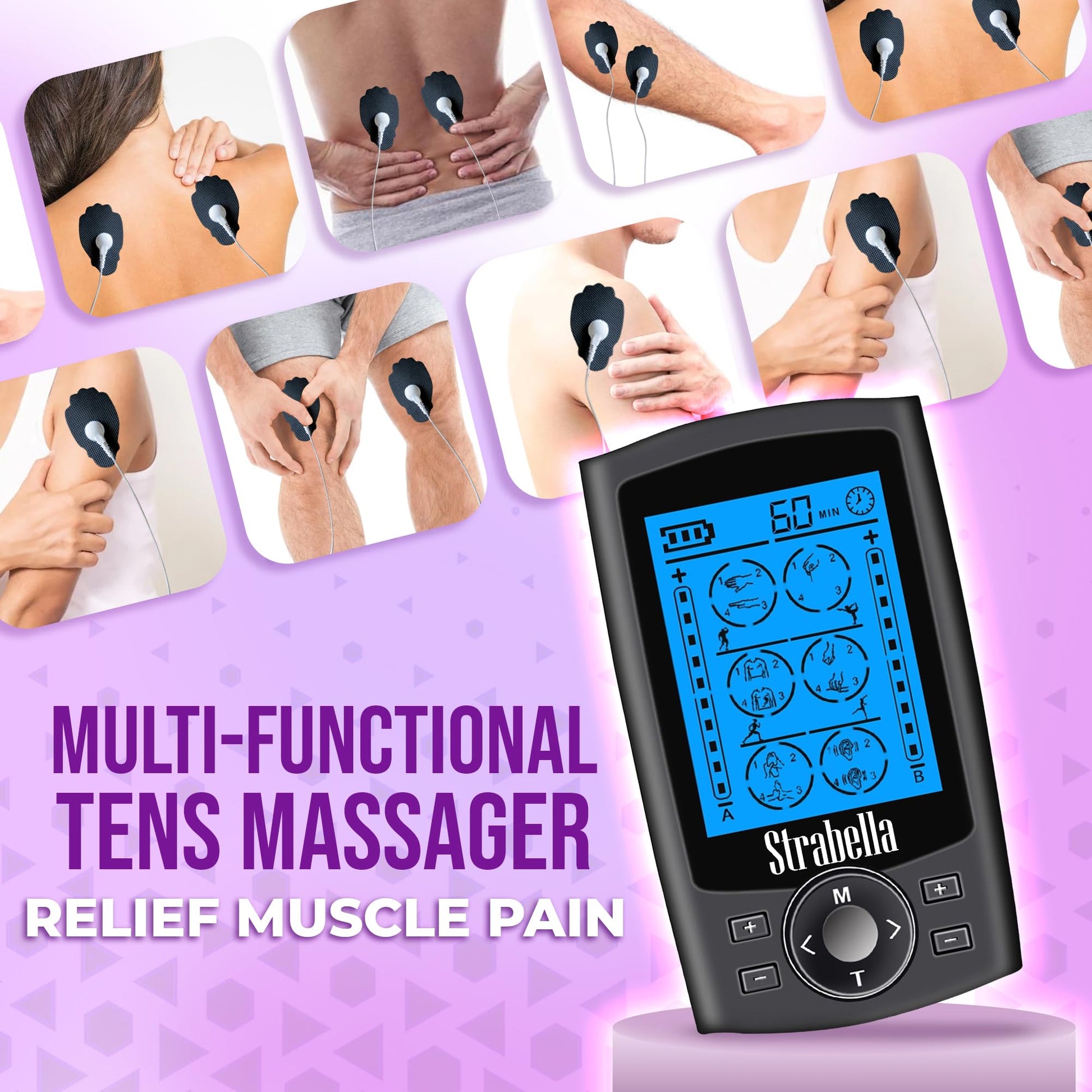 Strabella 24 Modes Tens Muscle Stimulator for Back Pain Relief, Muscle Stimulator for Pain Relief Therapy, Electronic Pulse Massager Muscle Massager with 4 Pairs Pads, Nerve Pain Relief - Strabella