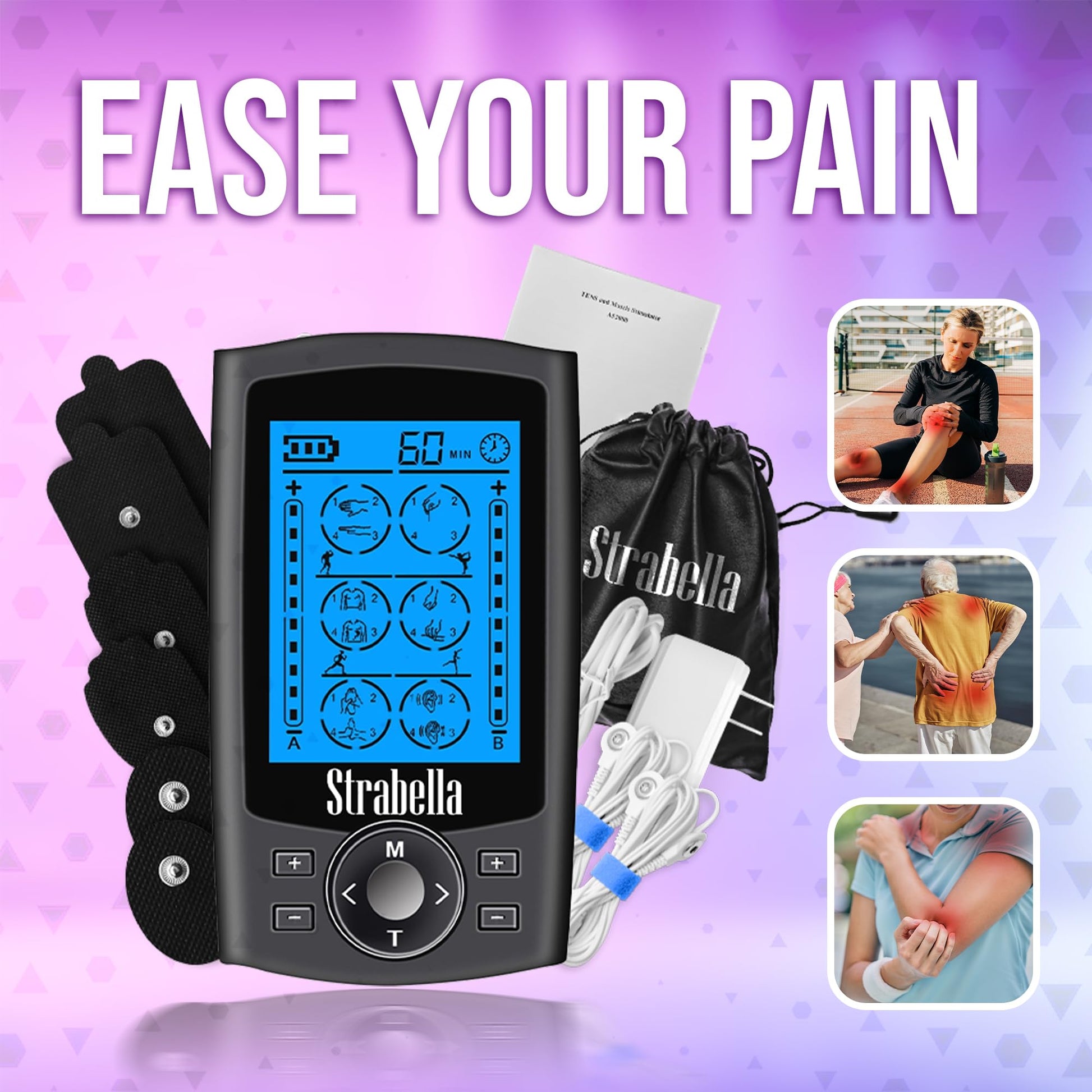 Strabella 24 Modes Tens Muscle Stimulator for Back Pain Relief, Muscle Stimulator for Pain Relief Therapy, Electronic Pulse Massager Muscle Massager with 4 Pairs Pads, Nerve Pain Relief - Strabella