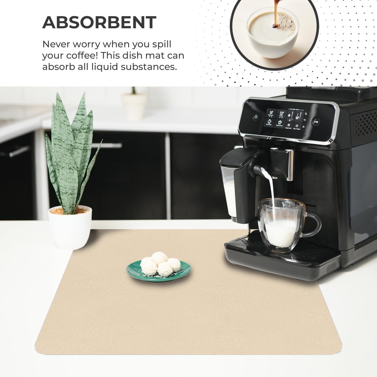 Super Absorbent Dish Drying Mat – 16" x 12" Coffee Mat for Countertops – Non - Slip Drying Mat for Kitchen Counter – Easy to Clean Water Absorbent Mat – Large Dish Drying Mats for Kitchen (Khaki) - Strabella