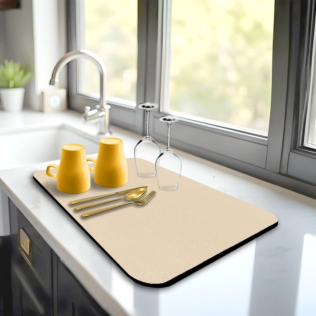 Super Absorbent Dish Drying Mat – 16" x 12" Coffee Mat for Countertops – Non - Slip Drying Mat for Kitchen Counter – Easy to Clean Water Absorbent Mat – Large Dish Drying Mats for Kitchen (Khaki) - Strabella