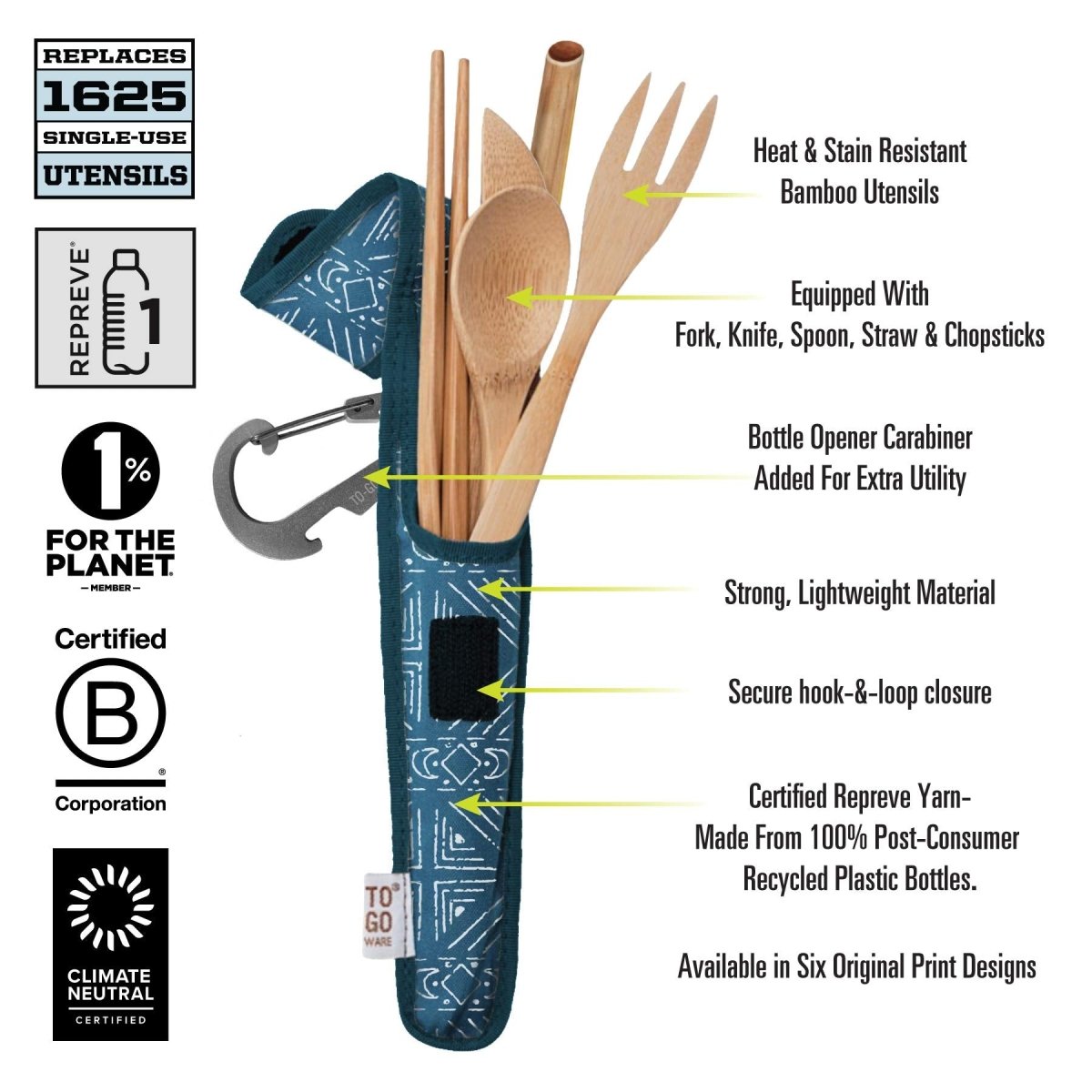 To - Go Ware By ChicoBag, Reusable Bamboo Utensil Set w/Straw, BPA and Phthalate Free, Dishwasher Safe - Strabella