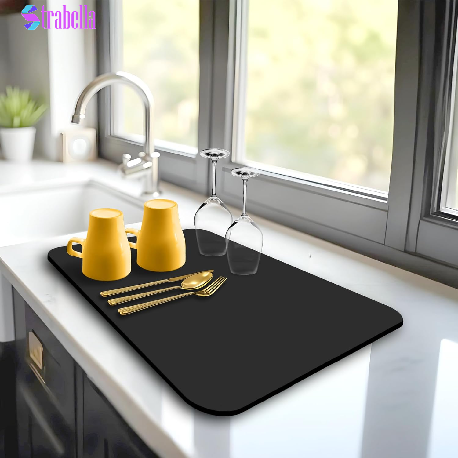 Dish Drying Mat Super Absorbent – 16" X 12" Coffee Mat for Countertops – Non-Slip Drying Mat for Kitchen Counter – Easy to Clean Water Absorbent Mat – Quick Dry Dish Drying Mats (Black)