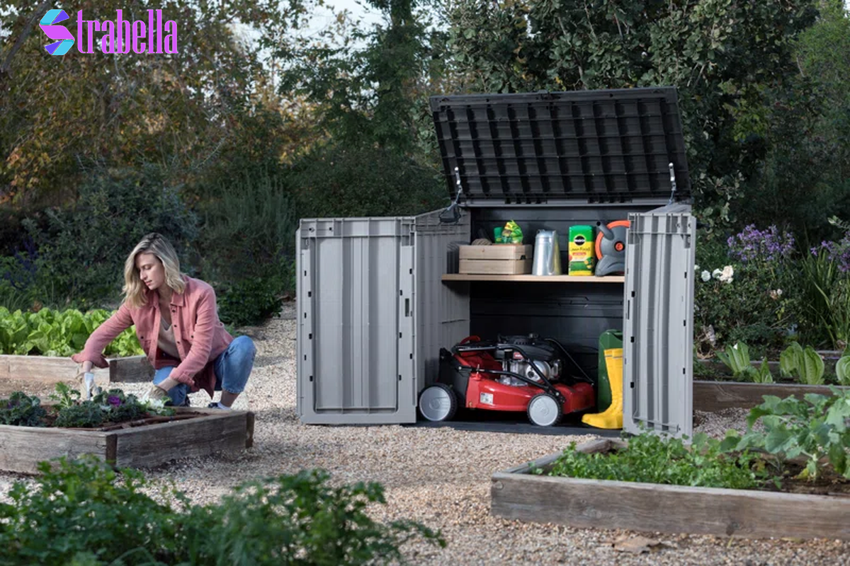 Store It Out Prime Durable Resin Outdoor Storage Shed with Floor and Double Doors for Garden Patio Furniture and Tools