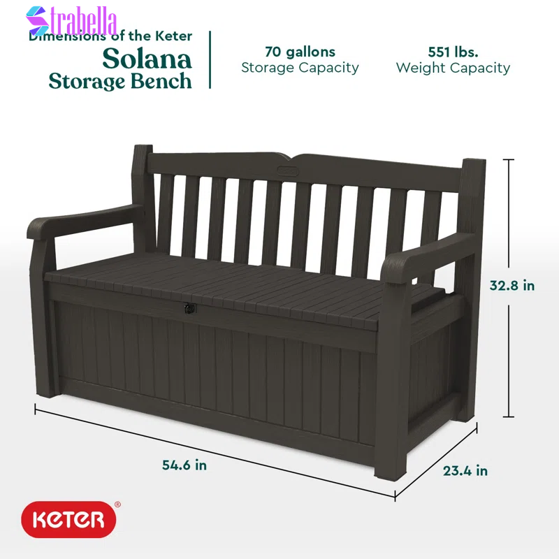 Solana 70 Gallon Durable Resin Outdoor Bench Storage and Organization Deck Box Ideal for Garden Patio Furniture and Supplies