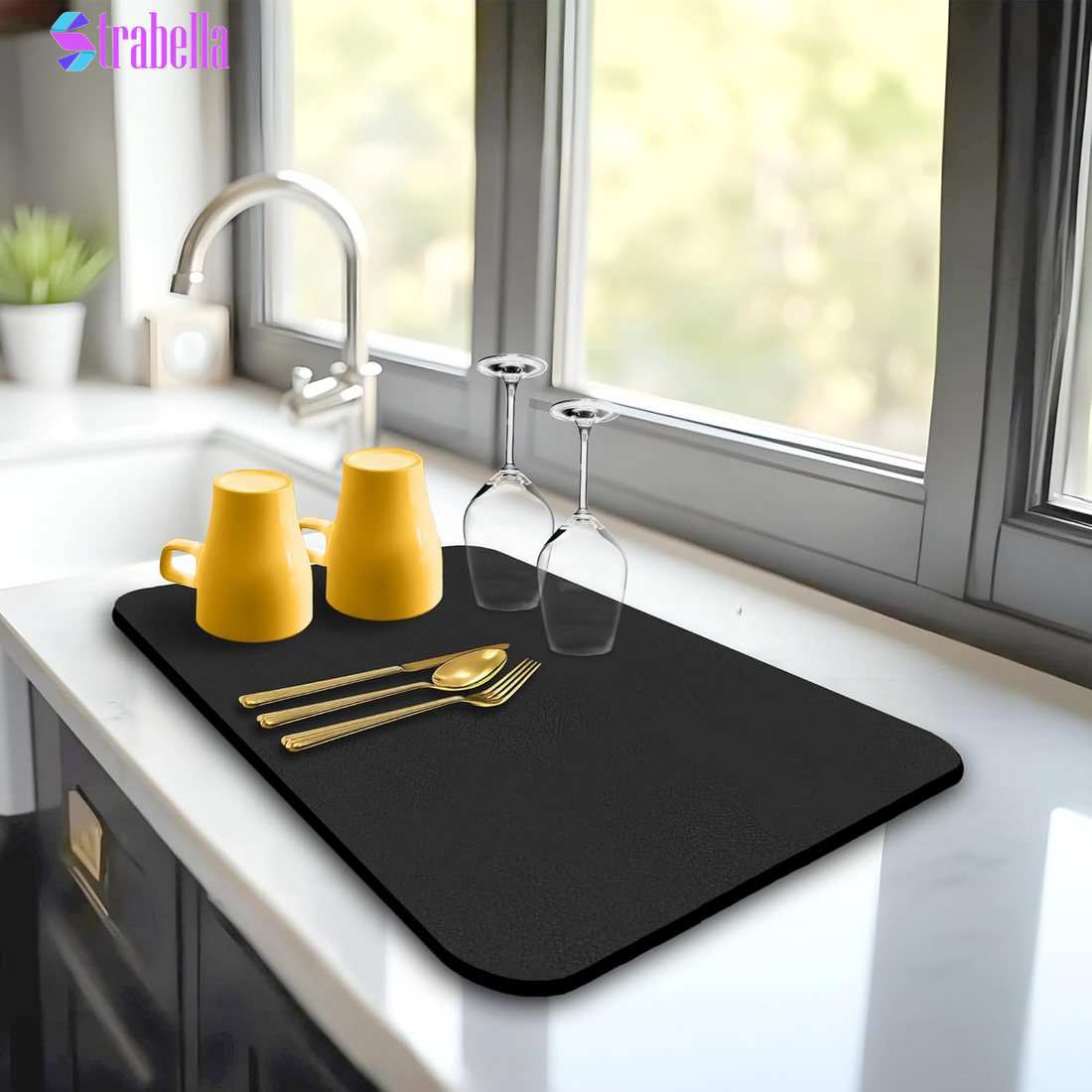 Dish Drying Mat Super Absorbent – 16" X 12" Coffee Mat for Countertops – Non-Slip Drying Mat for Kitchen Counter – Easy to Clean Water Absorbent Mat – Quick Dry Dish Drying Mats (Black)