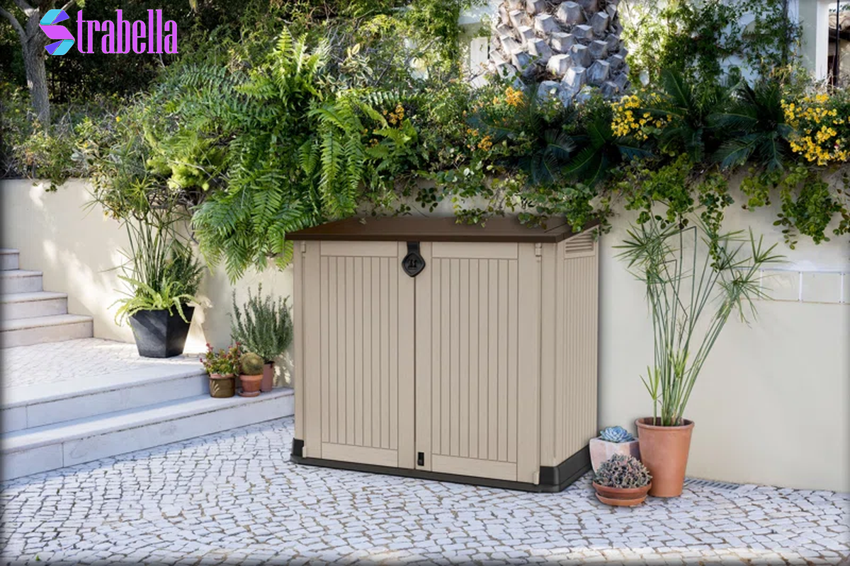 Store-It-Out MIDI 4.3X3.7 Ft. Durable Resin Outdoor Storage Shed with Floor and Double Doors for Garden Patio Furniture and Tools, Brown