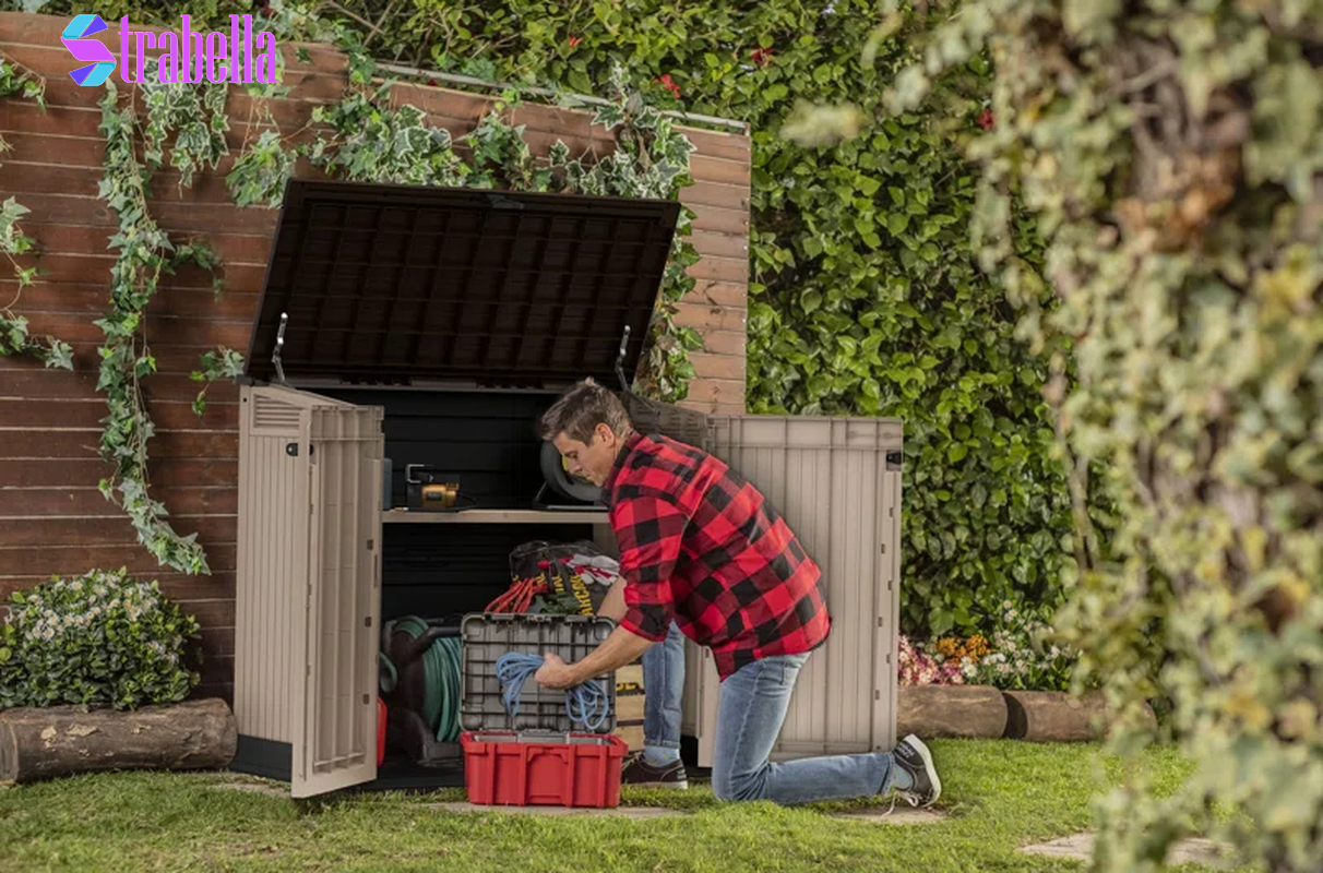 Store-It-Out MIDI 4.3X3.7 Ft. Durable Resin Outdoor Storage Shed with Floor and Double Doors for Garden Patio Furniture and Tools, Brown