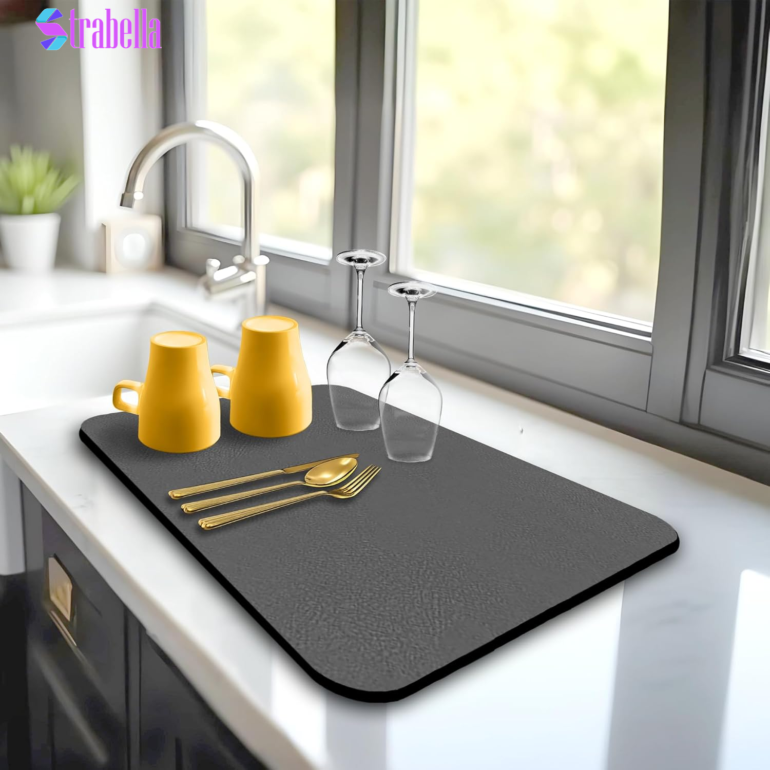 Dish Drying Mat Super Absorbent – 16" X 12" Coffee Mat for Countertops – Non-Slip Drying Mat for Kitchen Counter – Easy to Clean Water Absorbent Mat – Quick Dry Dish Drying Mats (Black)