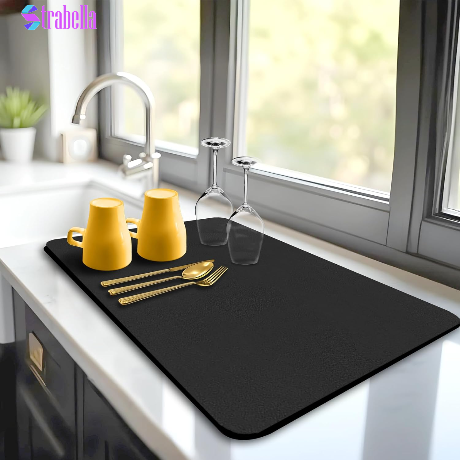 Dish Drying Mat Super Absorbent – 16" X 12" Coffee Mat for Countertops – Non-Slip Drying Mat for Kitchen Counter – Easy to Clean Water Absorbent Mat – Quick Dry Dish Drying Mats (Black)